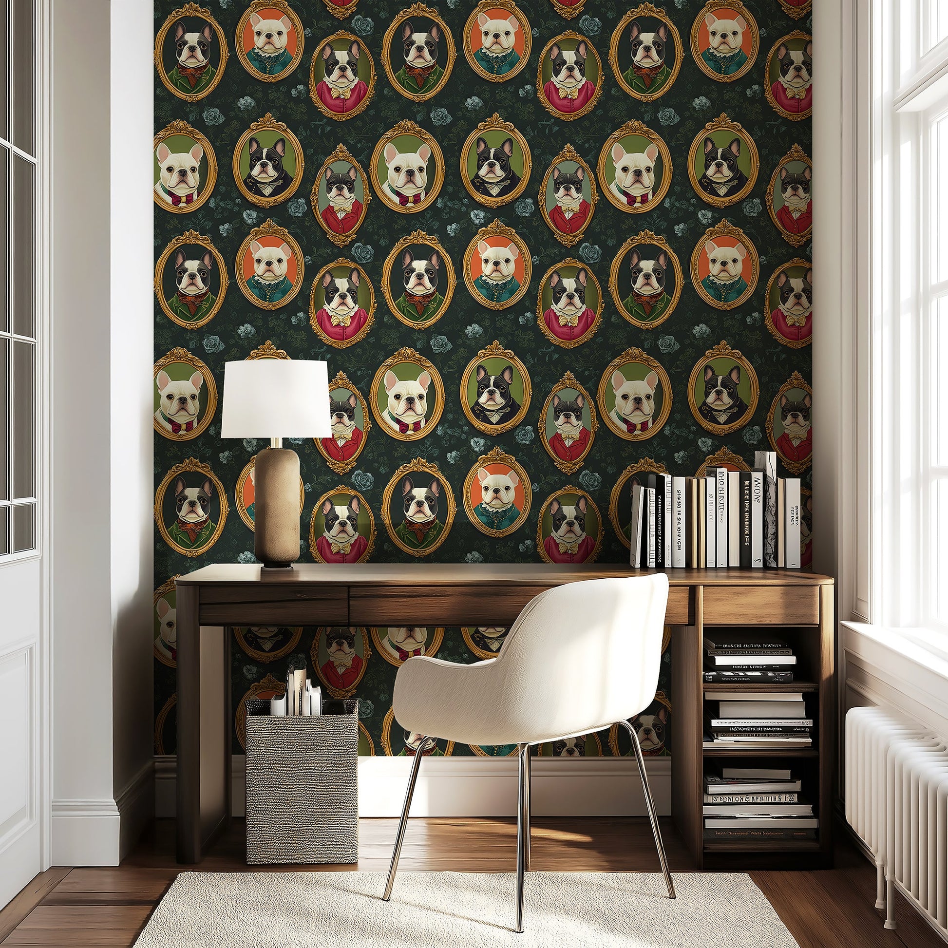 Victorian French Bulldogs III wallpaper showcasing elegant dog portraits in rich colors and intricate details.