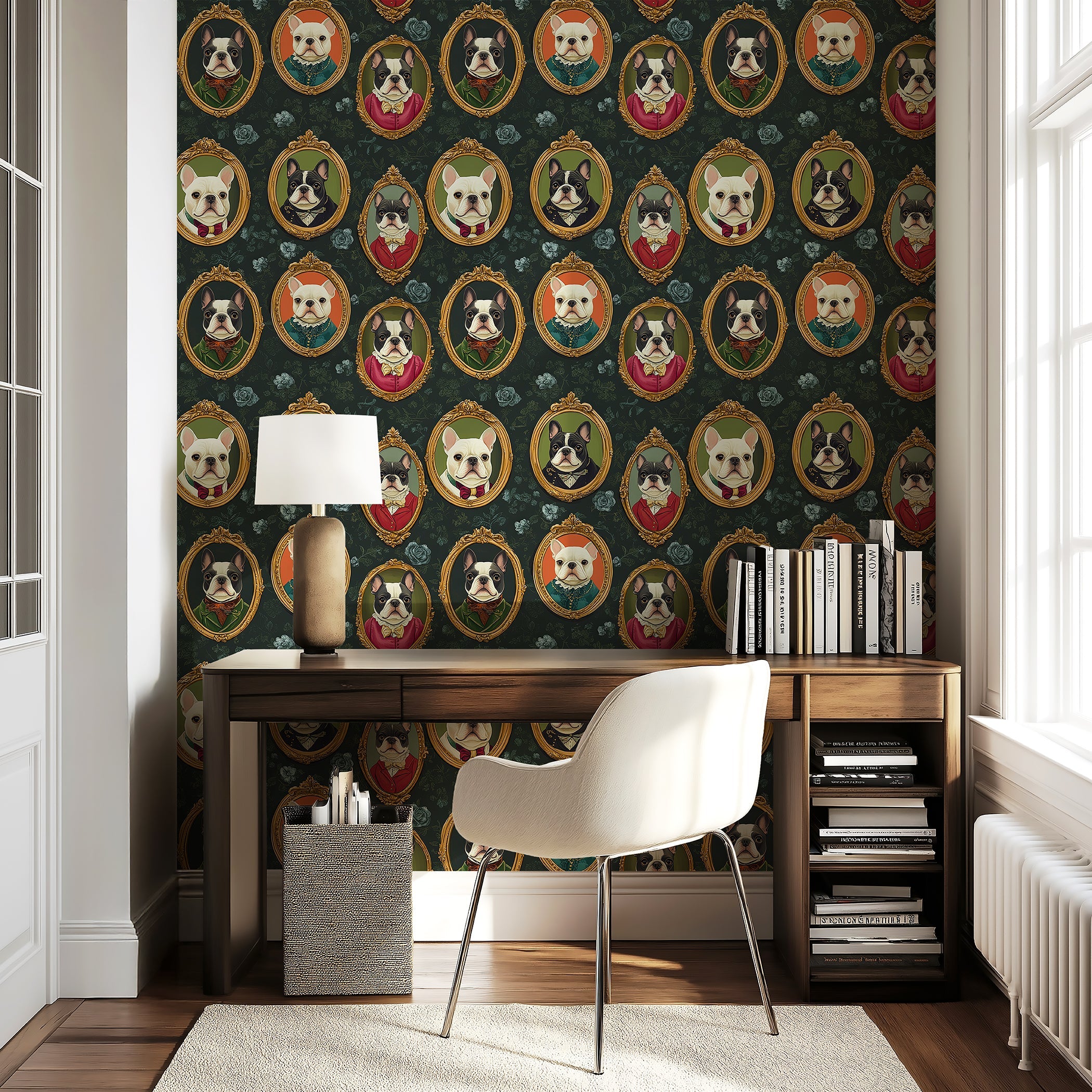 Victorian French Bulldogs III wallpaper showcasing elegant dog portraits in rich colors and intricate details.