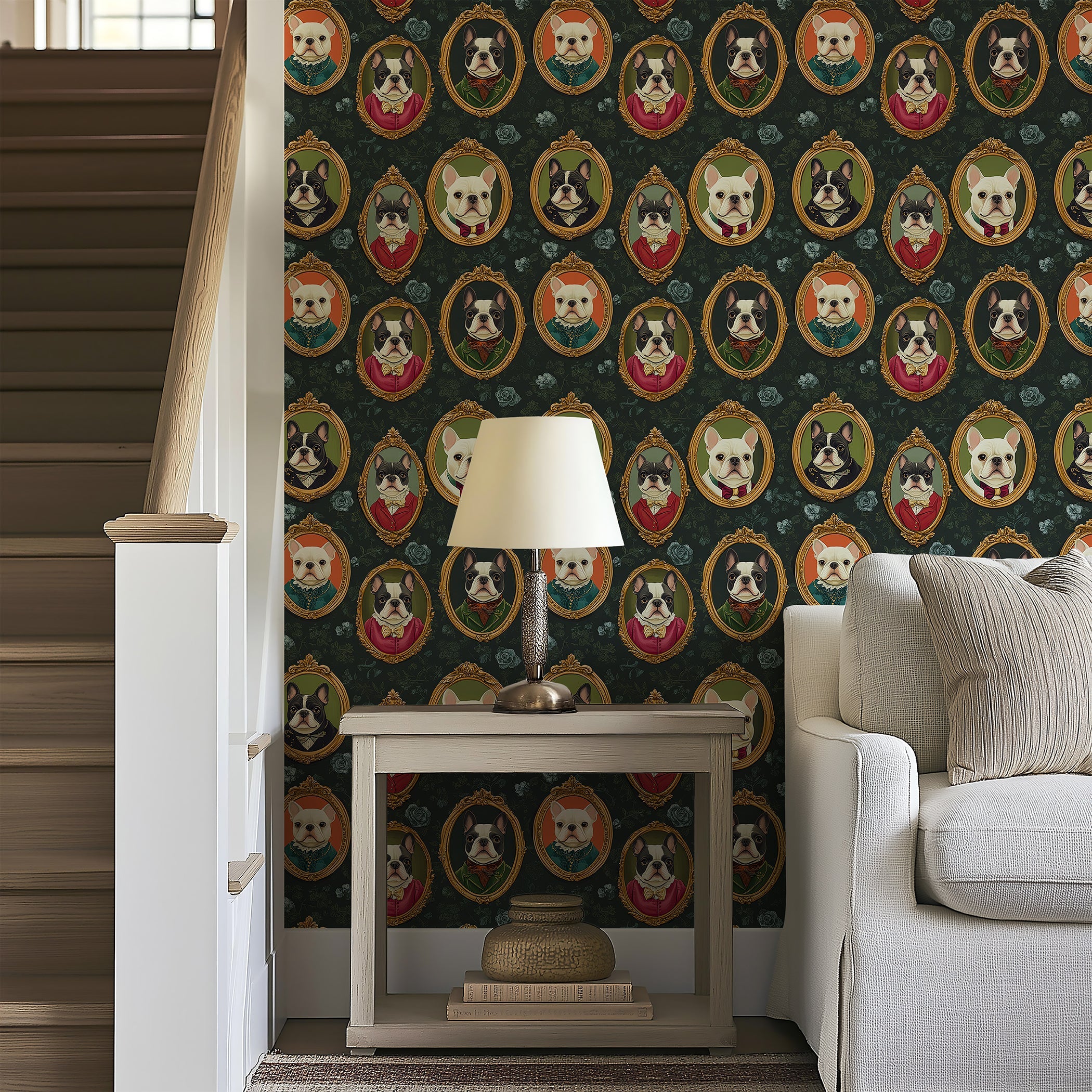 Victorian wallpaper featuring elegant French Bulldogs in ornate frames, perfect for pet-friendly interiors.