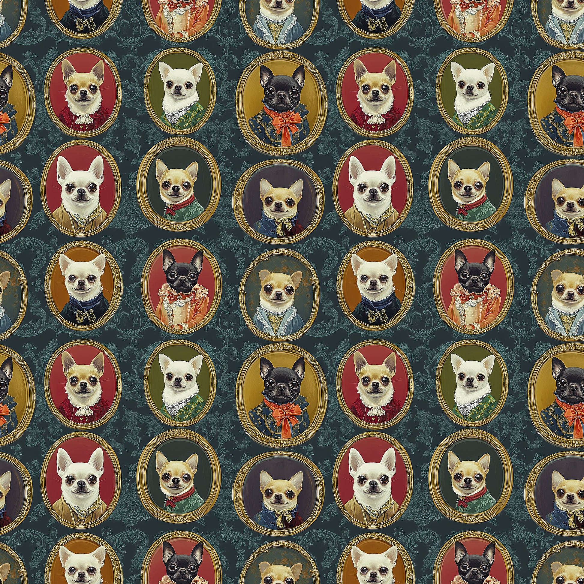 Chihuahuas in vintage attire on dark wallpaper, featuring ornate portraits of dogs in a modern design.