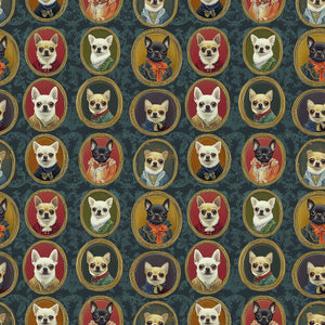 Chihuahuas in vintage attire on dark wallpaper, featuring ornate portraits of dogs in a modern design.
