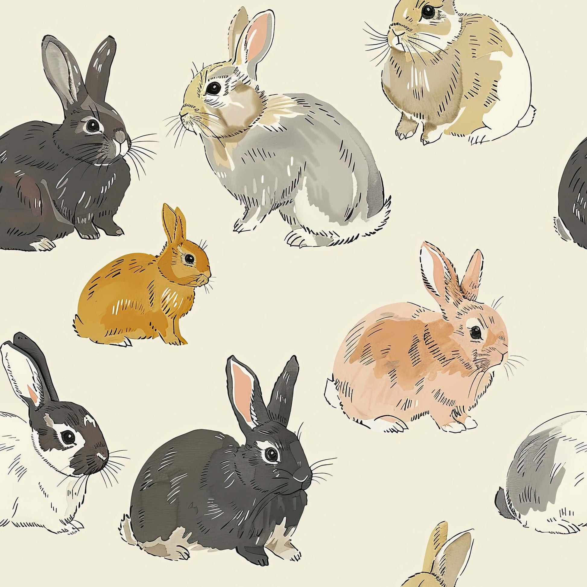 Charming Enchanted Woodland Bunnies Wallpaper featuring hand-drawn rabbits in natural shades on a tan background, perfect for nurseries.