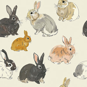 Charming Enchanted Woodland Bunnies Wallpaper featuring hand-drawn rabbits in natural shades on a tan background, perfect for nurseries.