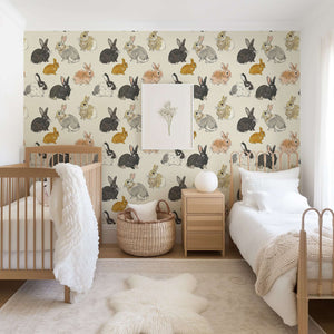 Tan background wallpaper with hand-drawn bunnies, perfect for children's nursery or baby room, adding a whimsical woodland charm.