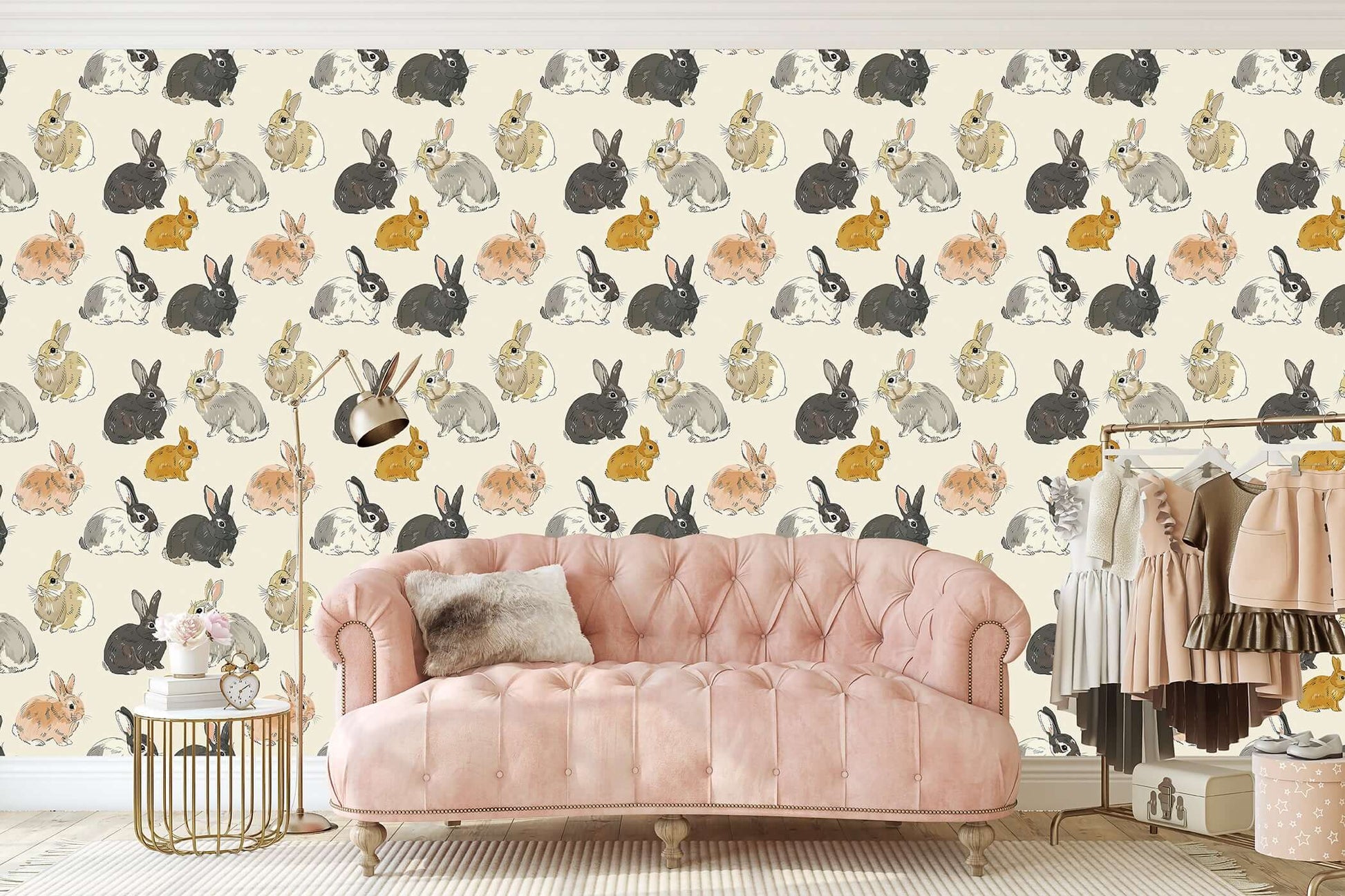 Whimsical wallpaper with hand-drawn bunnies in natural shades on a tan background, perfect for nurseries and children’s rooms.
