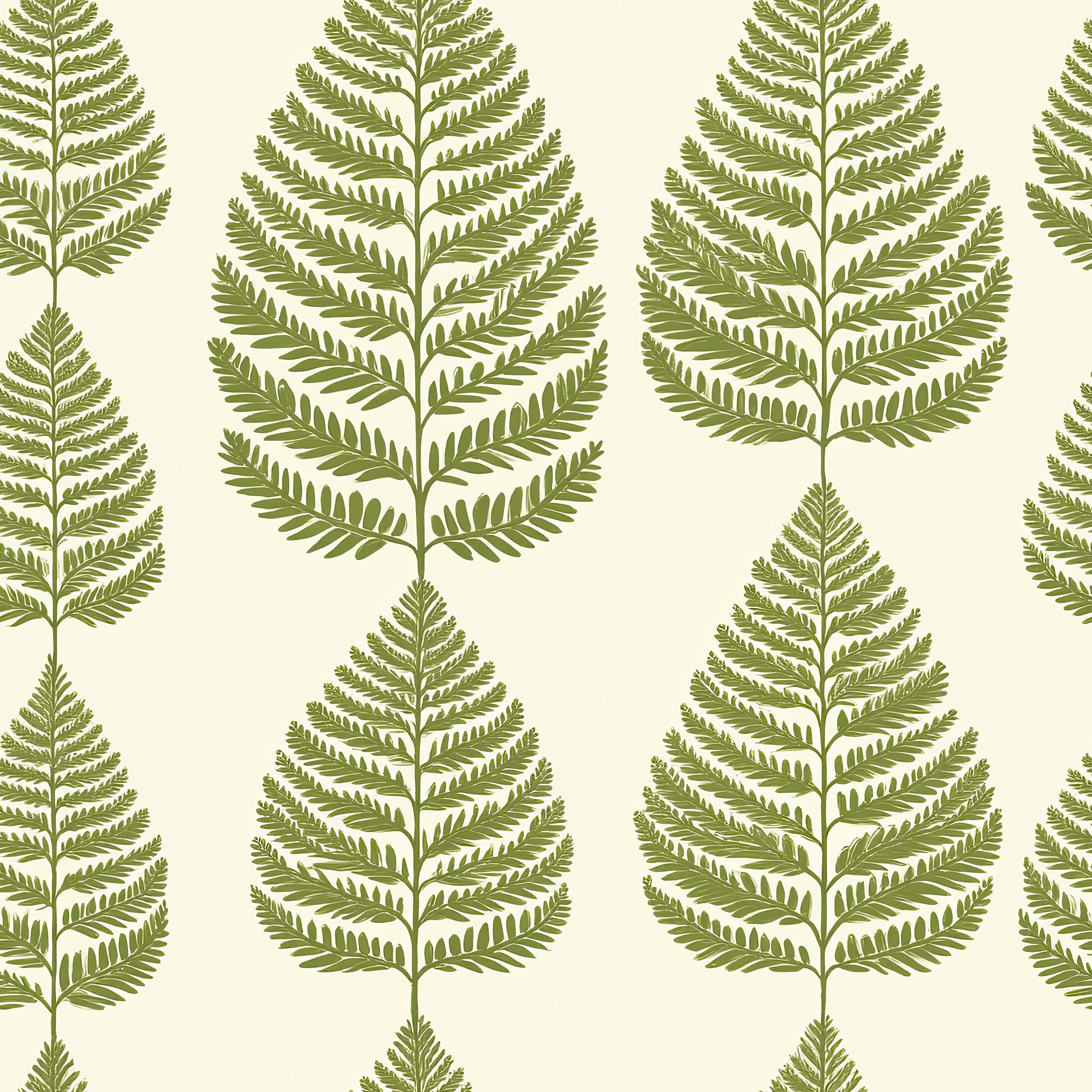 Fernwood Forest wallpaper featuring repeating green fern fronds on a cream background, ideal for natural home decor.