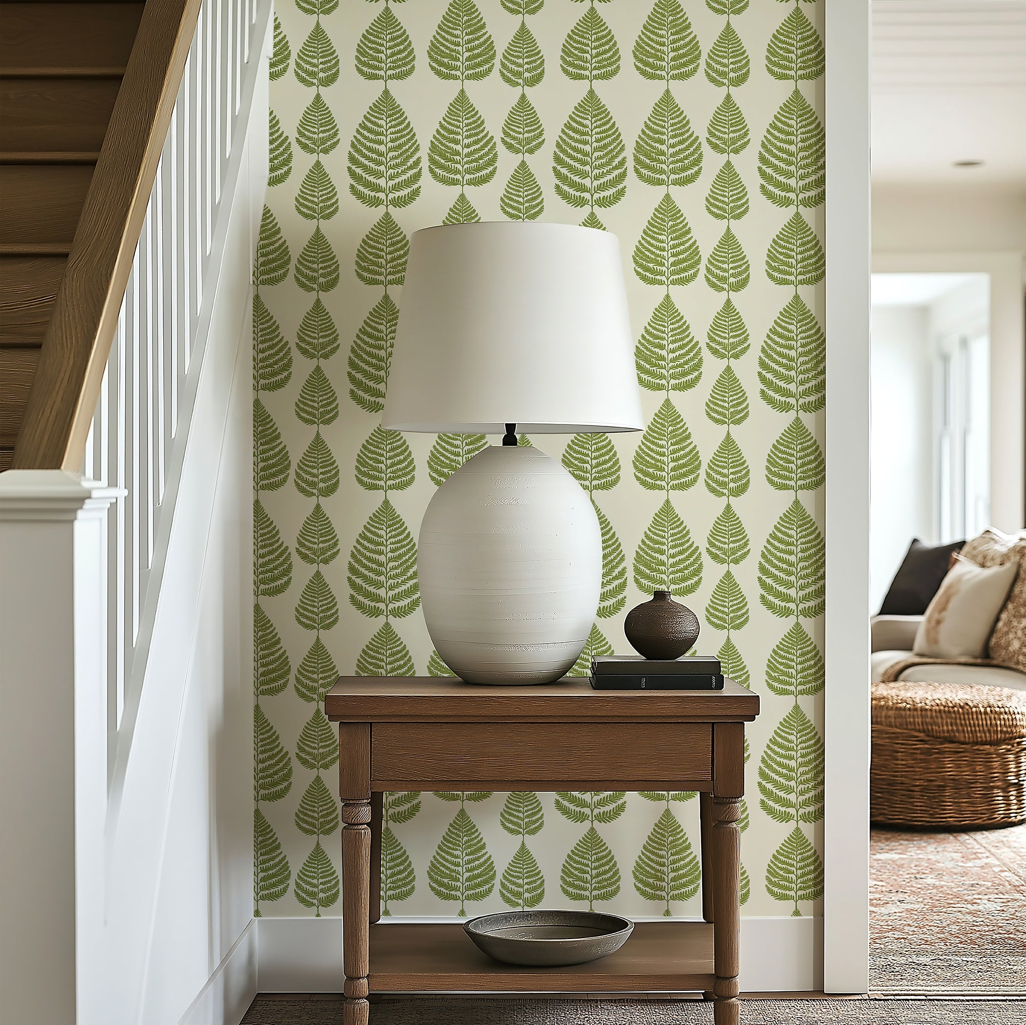 Fernwood Forest wallpaper featuring stylized green fern fronds on a cream background in a cozy home setting.
