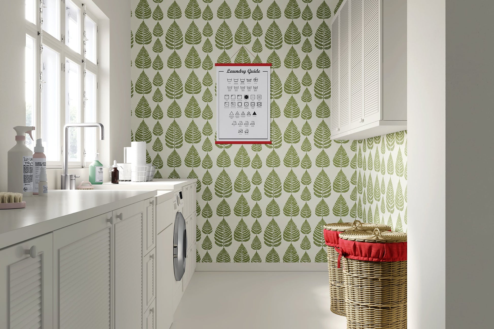 Fernwood Forest wallpaper featuring green fern fronds on a cream background in a modern laundry room.