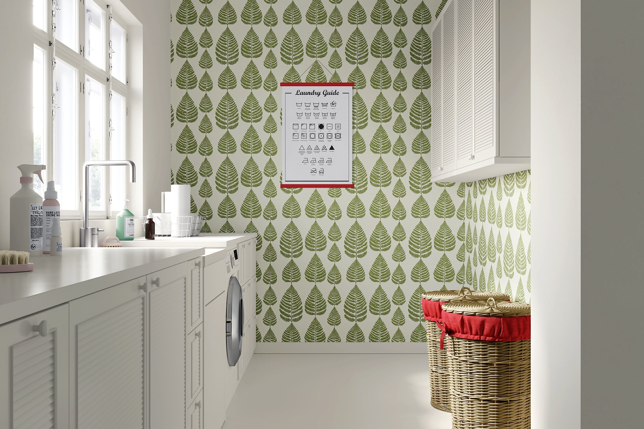 Fernwood Forest wallpaper featuring green fern fronds on a cream background in a modern laundry room.