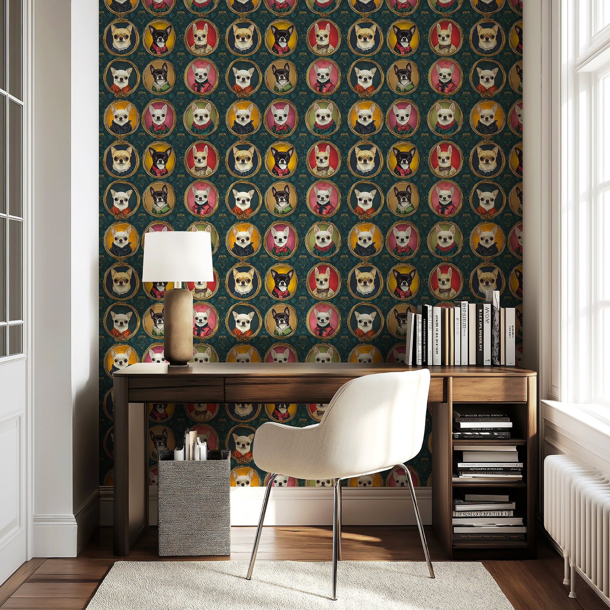 Chihuahuas and dogs in colorful portraits on wallpaper, perfect for pet lovers' modern interiors.