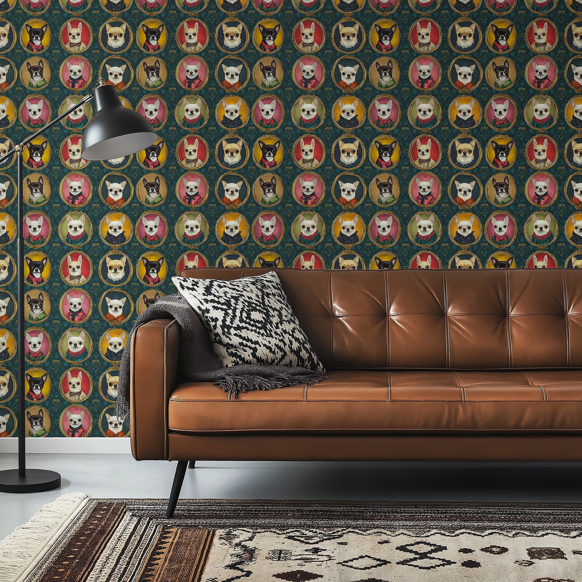 Colorful dog portraits wallpaper with various breeds, enhancing modern living room decor and pet lover aesthetics.