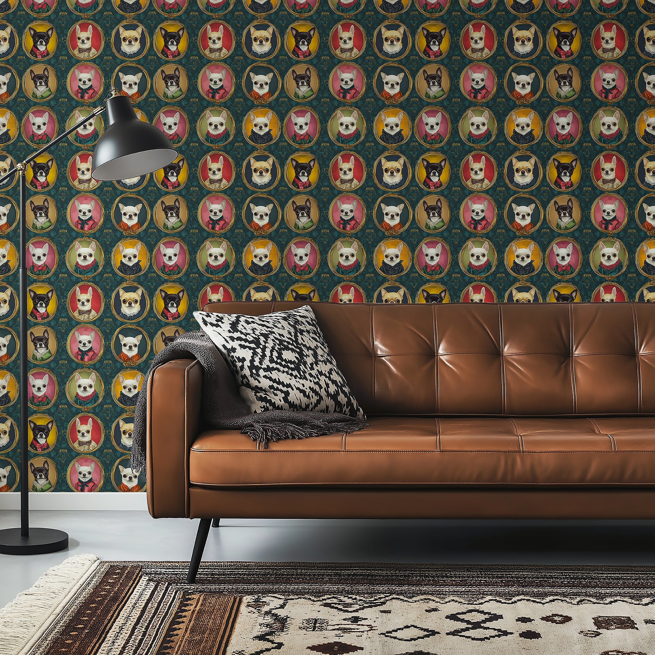 Colorful dog portraits wallpaper with various breeds, enhancing modern living room decor and pet lover aesthetics.
