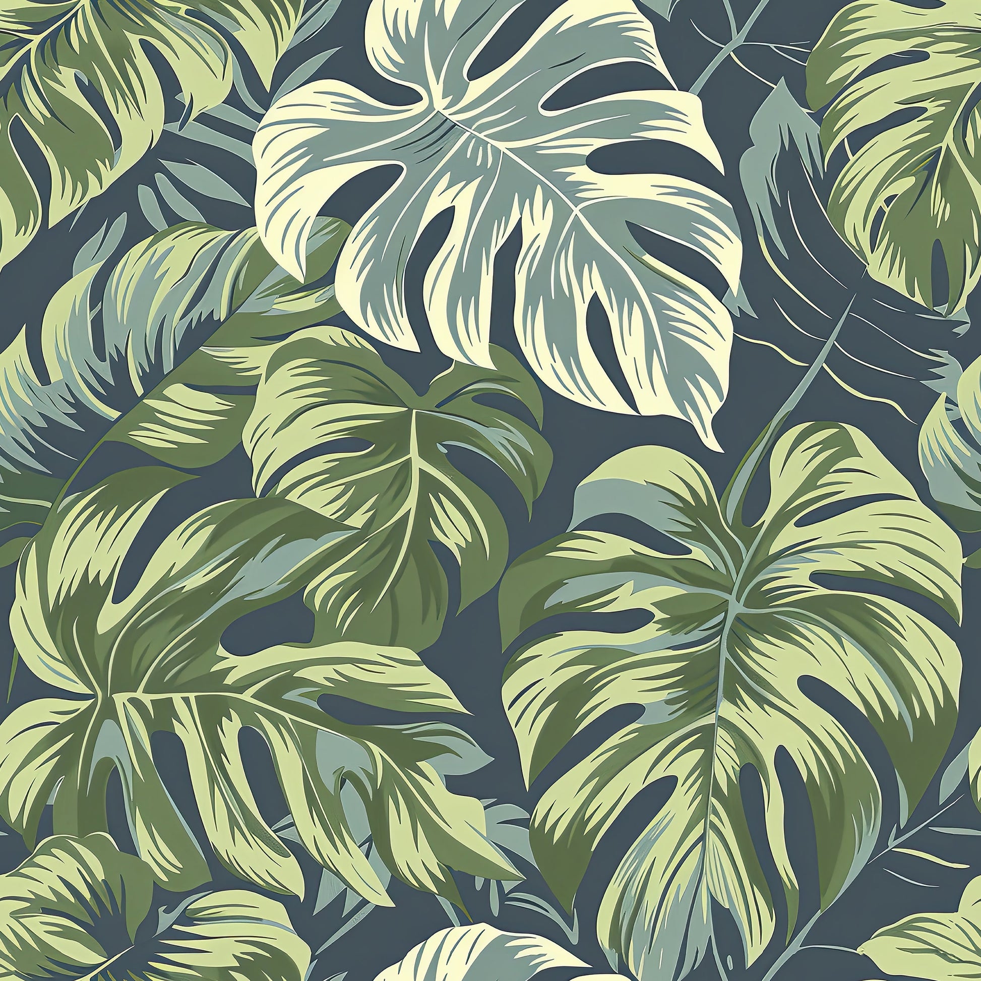 Tropical Canopy wallpaper featuring lush monstera leaves in rich greens, ideal for coastal-themed interiors.