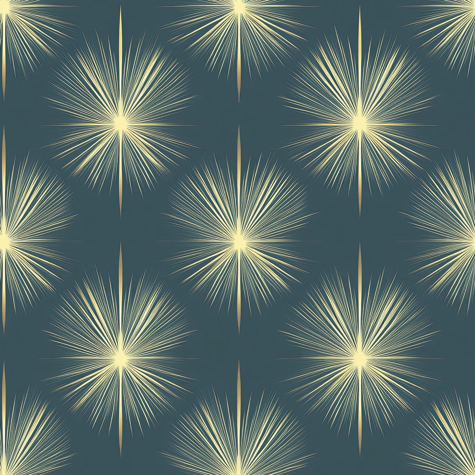 Champagne Starburst Wallpaper featuring golden starburst designs on a deep midnight blue background, showcasing art deco style.