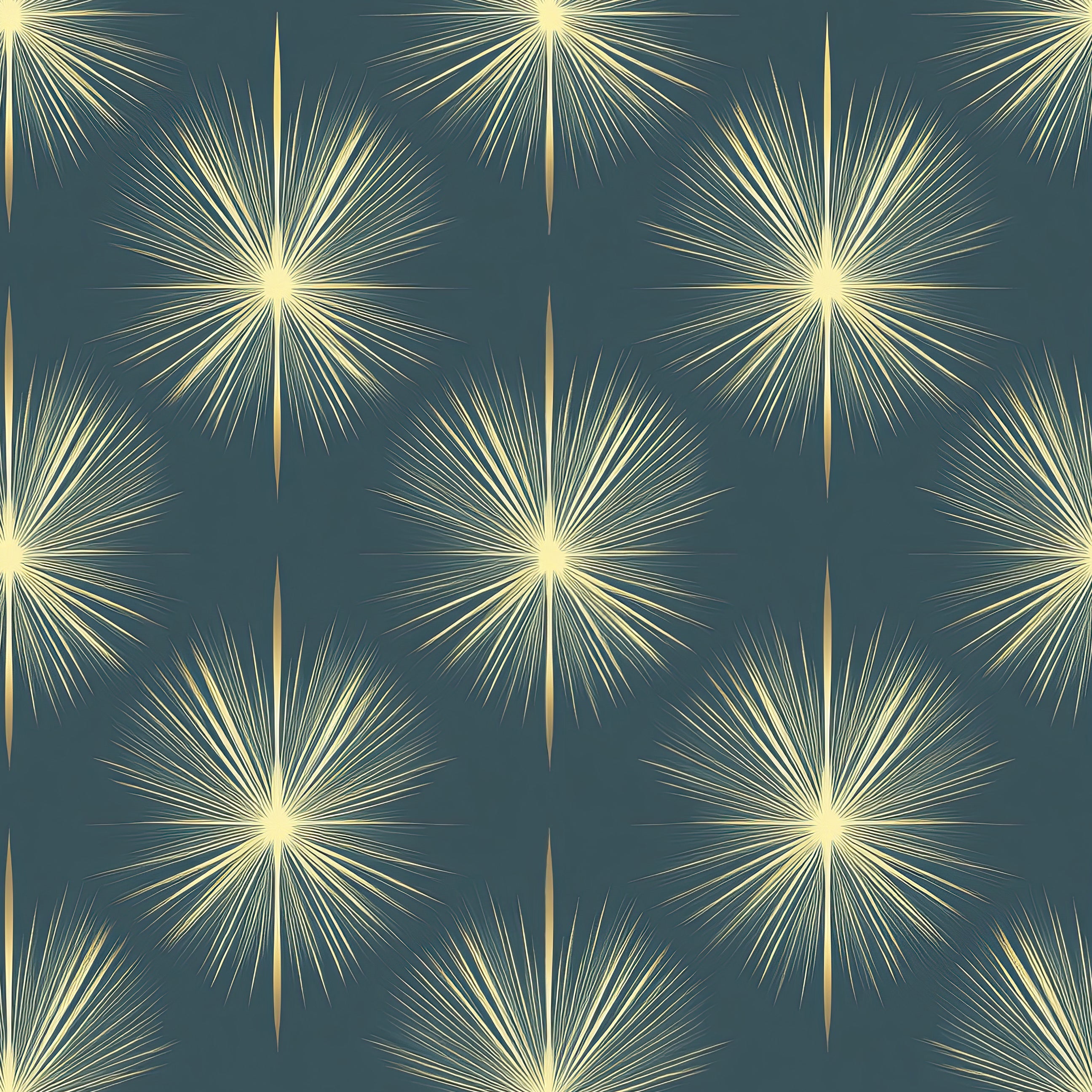 Champagne Starburst Wallpaper featuring golden starburst designs on a deep midnight blue background, showcasing art deco style.