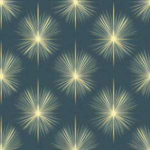 Champagne Starburst Wallpaper featuring golden starburst designs on a deep midnight blue background, showcasing art deco style.