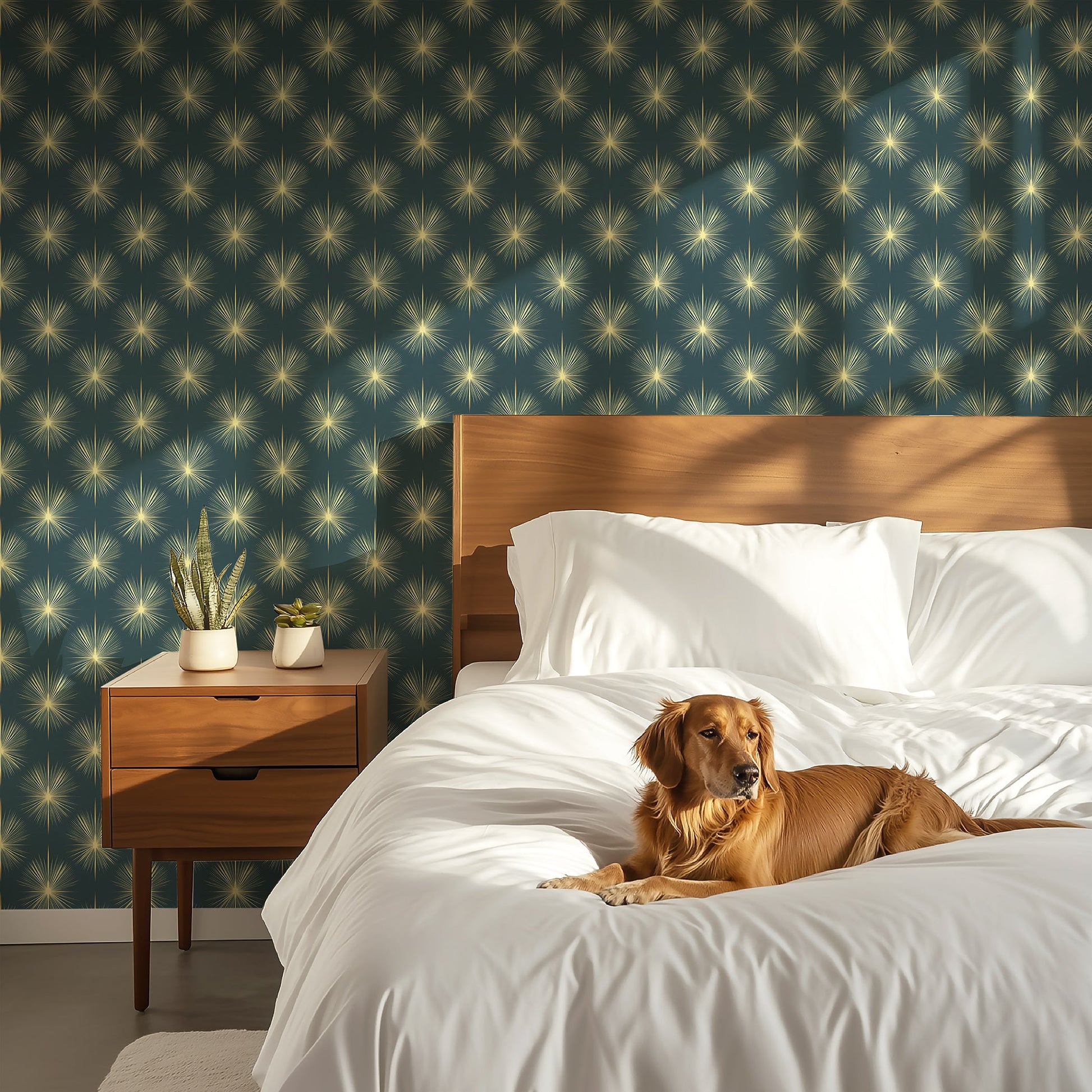 Elegant bedroom featuring Champagne Starburst wallpaper with gold starburst designs on a deep blue background.