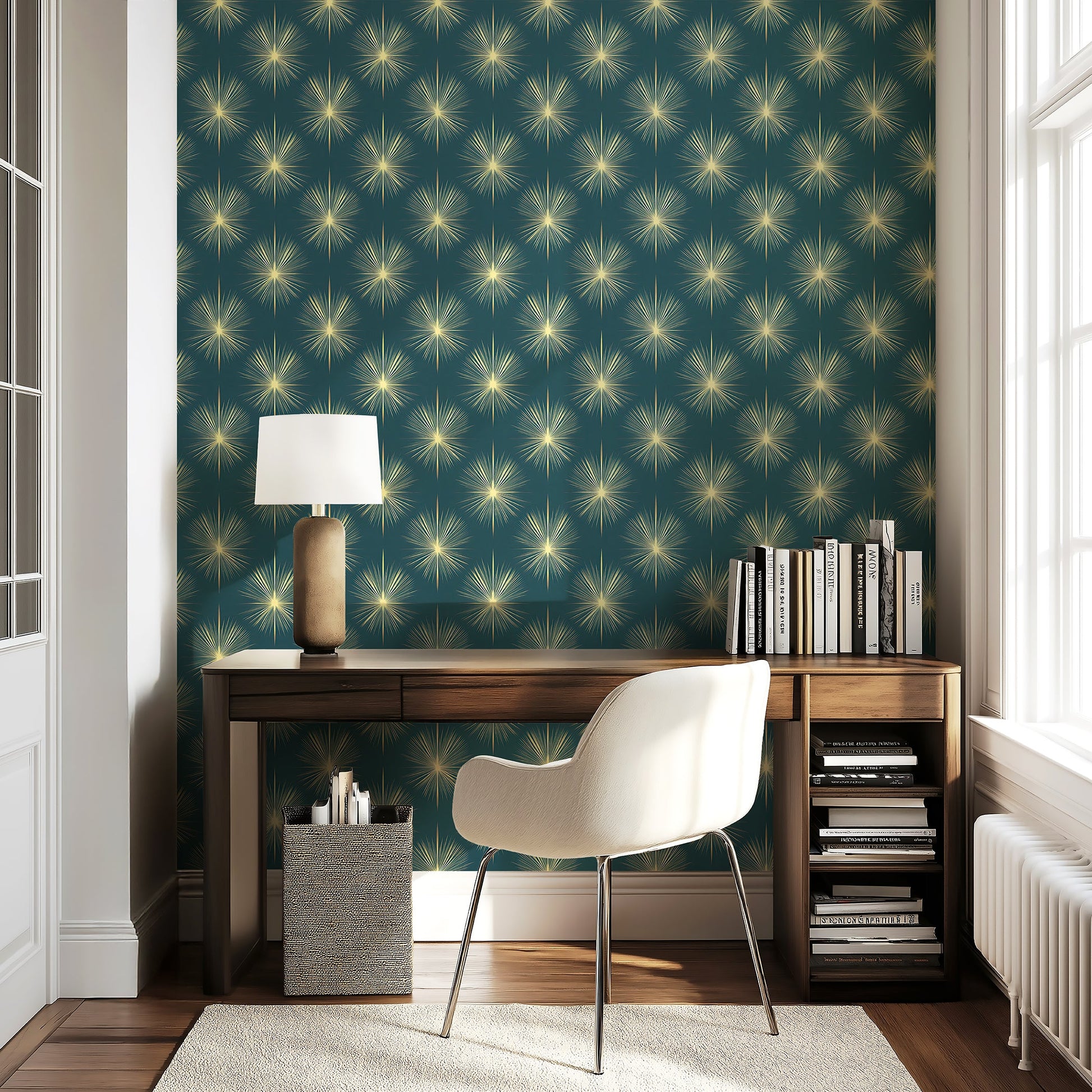Elegant Champagne Starburst Wallpaper in deep blue with golden starburst designs, perfect for mid-century modern decor.