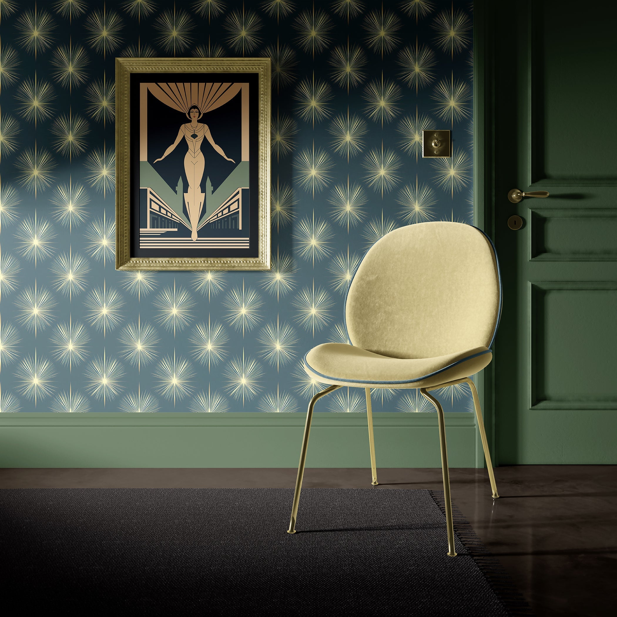 Elegant room featuring Champagne Starburst wallpaper with art deco design, showcasing mid-century modern style and sophistication.