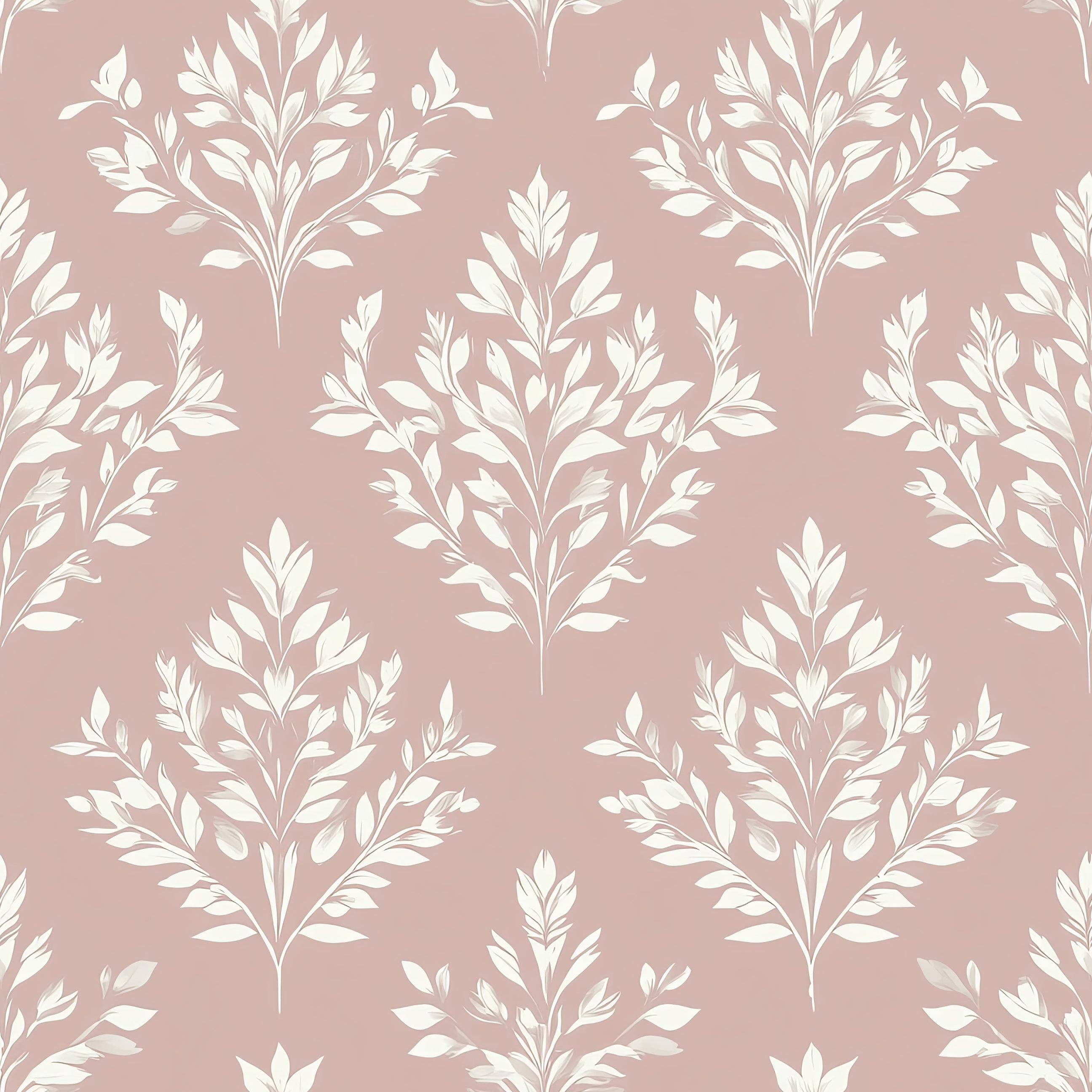 Timeless Pink Flora wallpaper featuring delicate white floral laurels on a soft pink background, perfect for elegant interiors.
