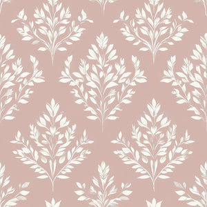 Timeless Pink Flora wallpaper featuring delicate white floral laurels on a soft pink background, perfect for elegant interiors.