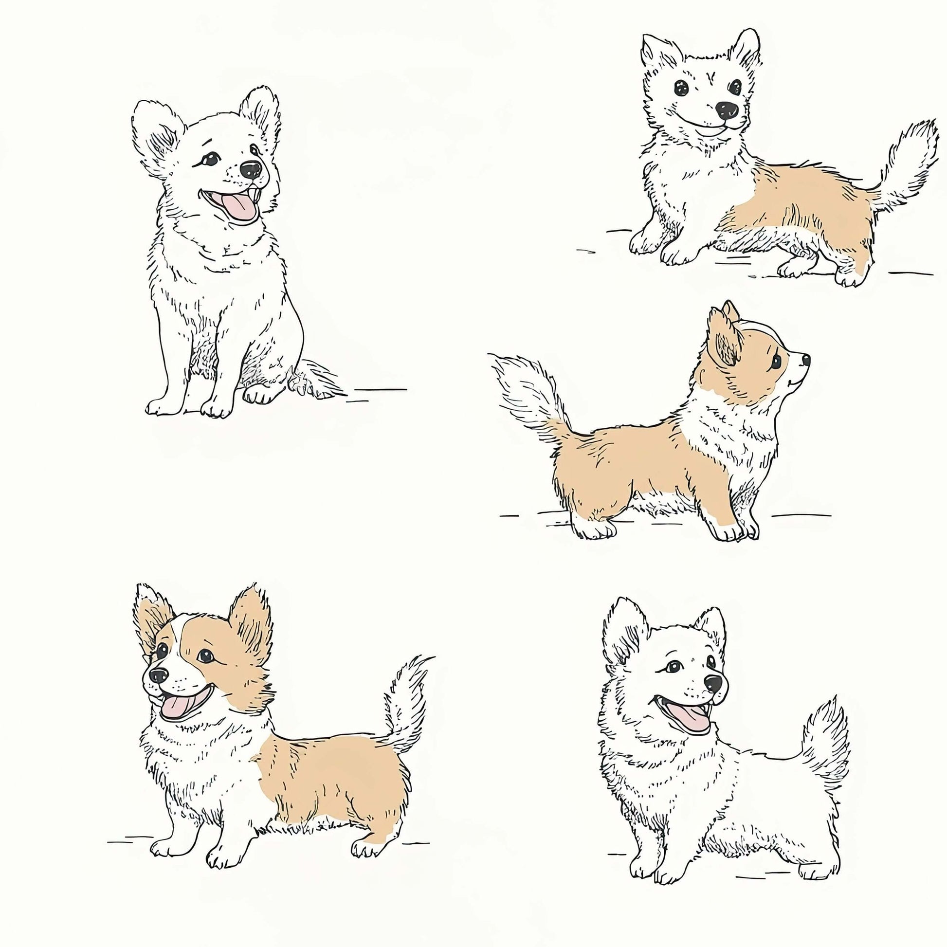 Illustrated puppies in beige and cream, perfect for a nursery or playroom wallpaper, ideal for children and dog lovers.