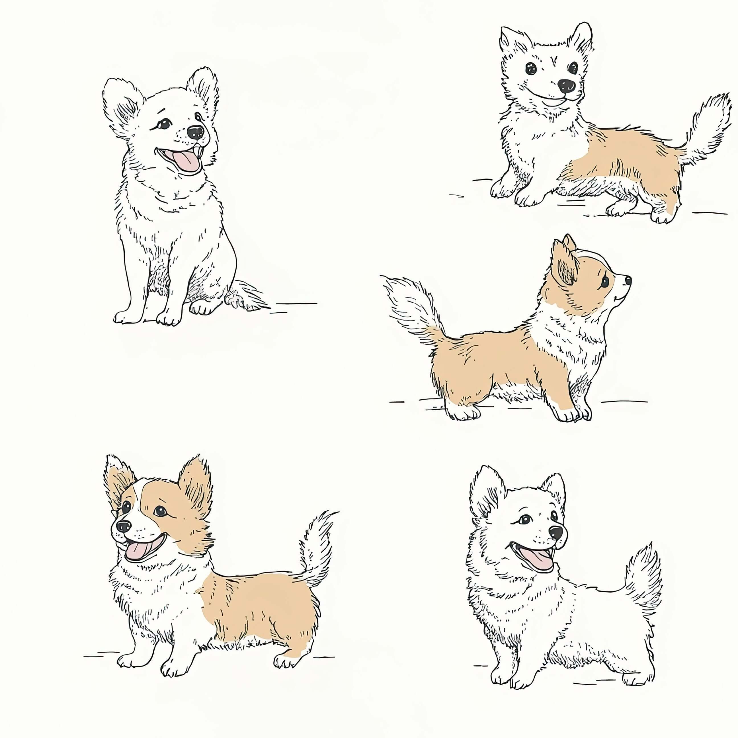 Illustrated puppies in beige and cream, perfect for a nursery or playroom wallpaper, ideal for children and dog lovers.
