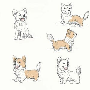Illustrated puppies in beige and cream, perfect for a nursery or playroom wallpaper, ideal for children and dog lovers.
