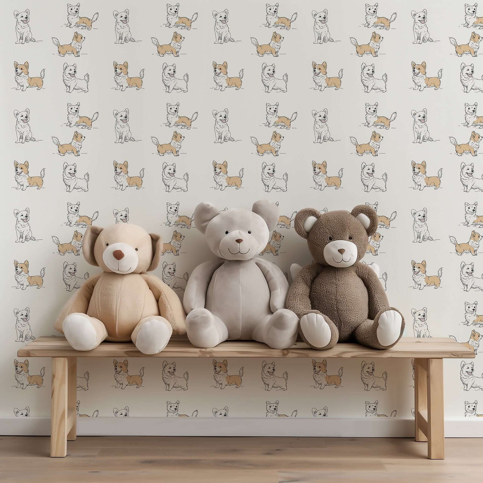 Adorable Puppy Parade wallpaper in beige and cream hues, perfect for nurseries and playrooms, with charming dog illustrations.