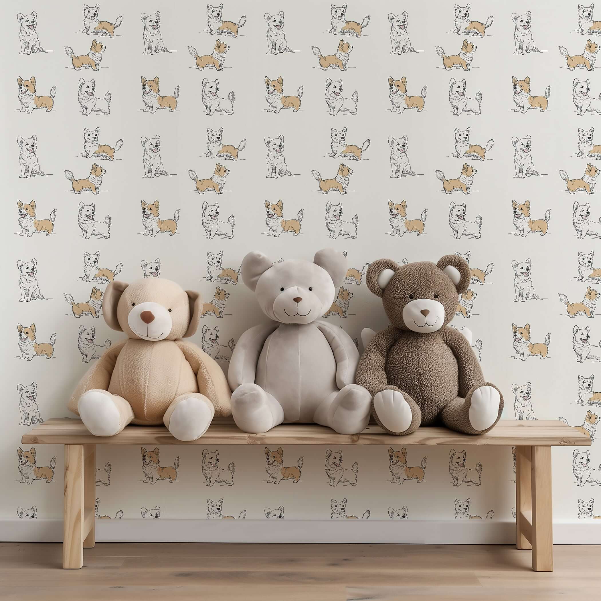 Adorable Puppy Parade wallpaper in beige and cream hues, perfect for nurseries and playrooms, with charming dog illustrations.
