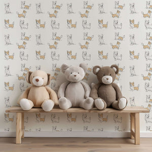 Adorable Puppy Parade wallpaper in beige and cream hues, perfect for nurseries and playrooms, with charming dog illustrations.