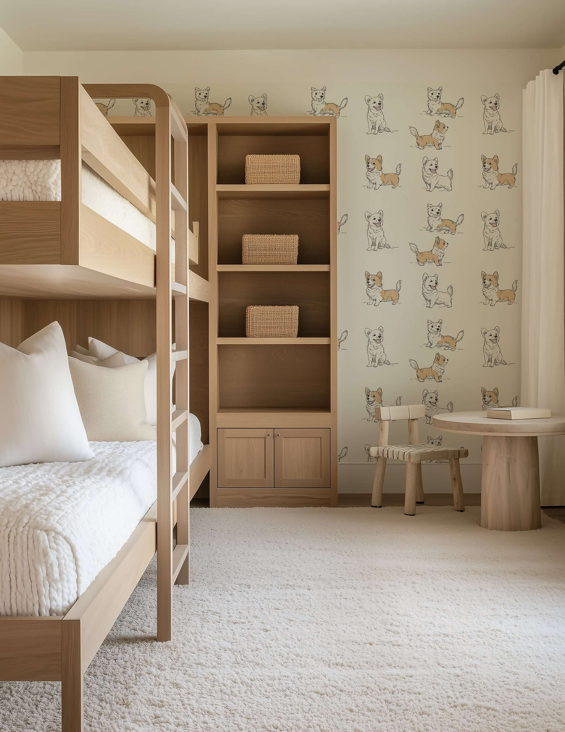 Nursery room with "Puppy Parade" wallpaper featuring playful puppy illustrations, perfect for children, dogs, and baby-themed décor.