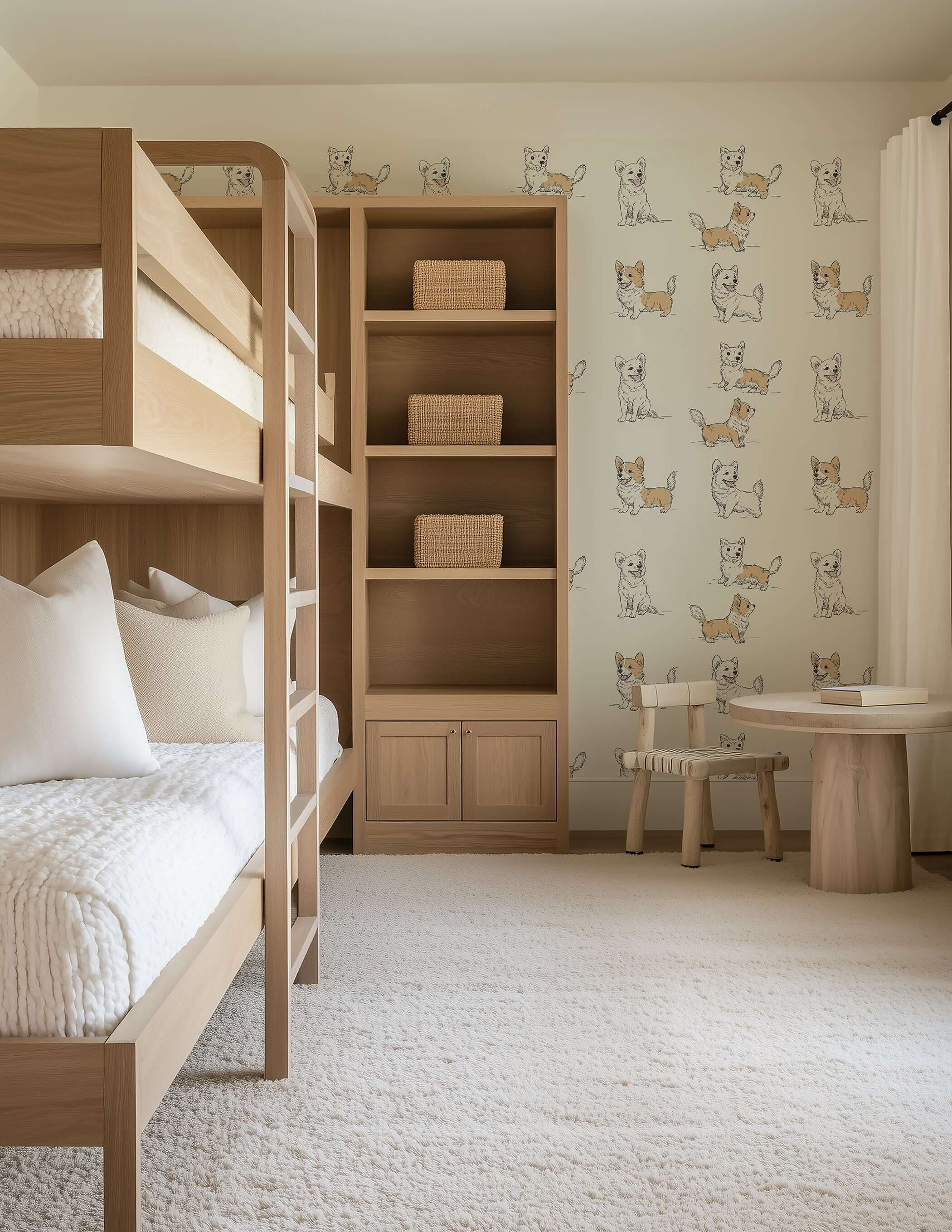 Nursery room with "Puppy Parade" wallpaper featuring playful puppy illustrations, perfect for children, dogs, and baby-themed décor.