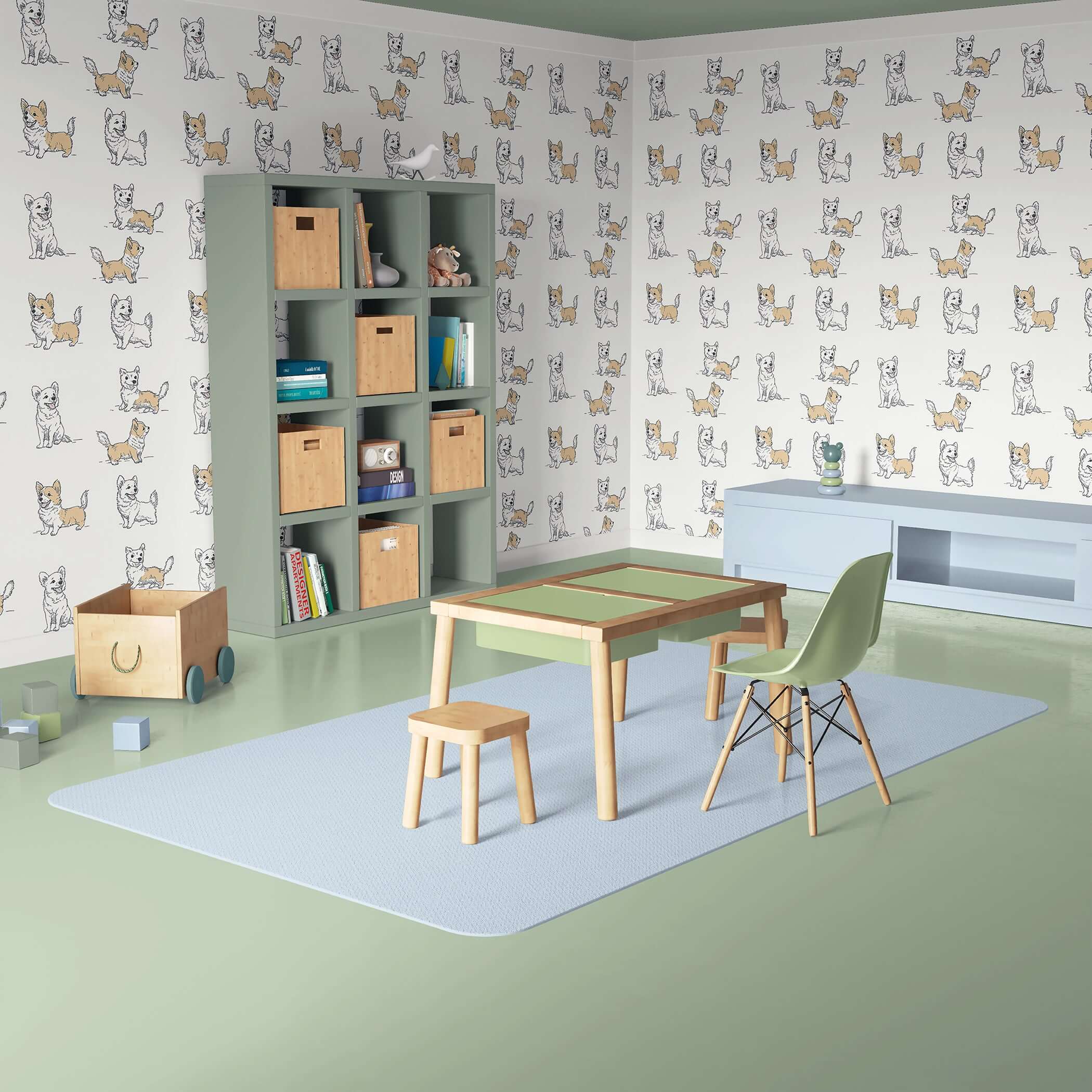 Charming puppy wallpaper in a playroom with minimalist furniture, ideal for children, nurseries, and dog-themed décor.
