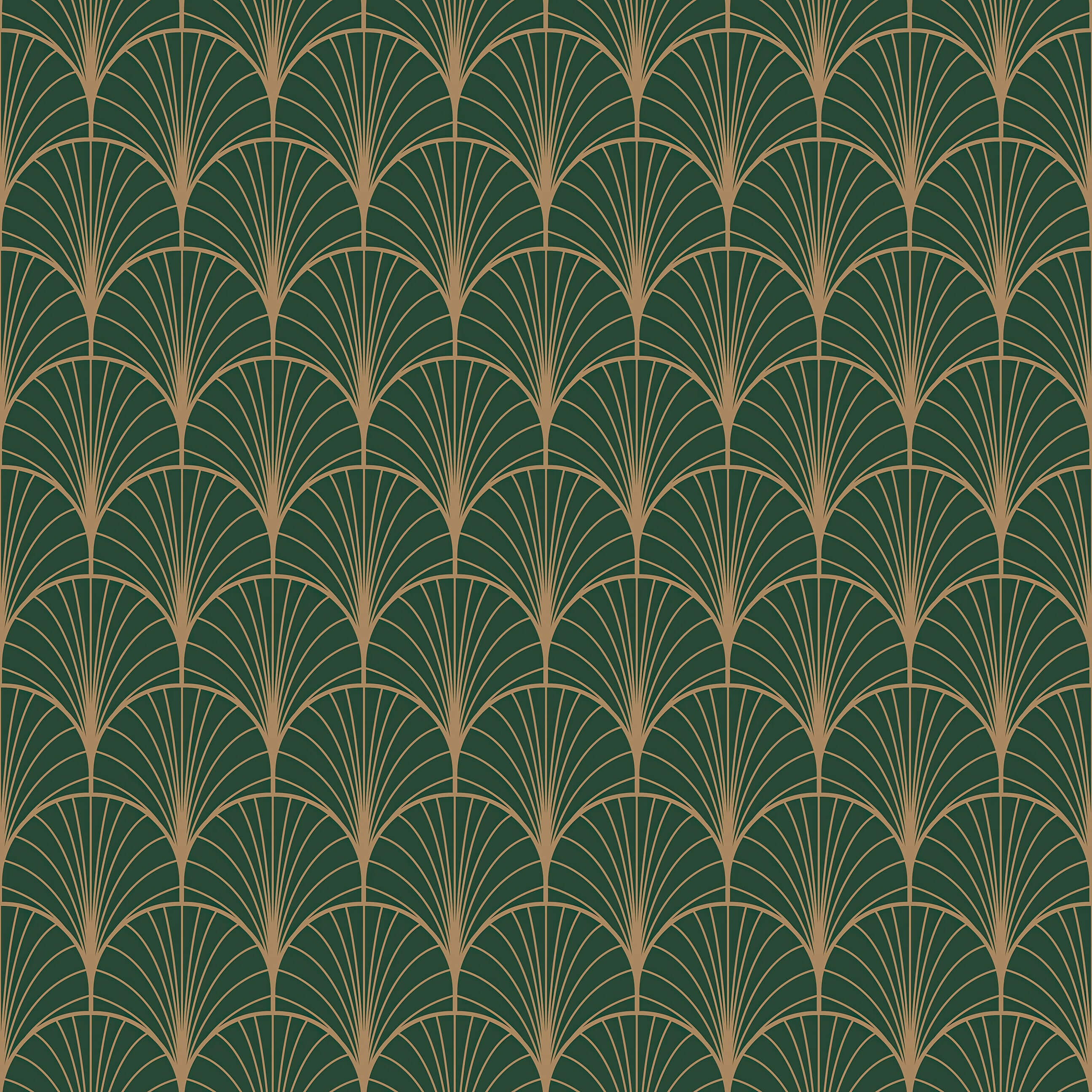Manhattan Nights Art Deco geometric wallpaper with metallic gold fan motif on emerald green background.