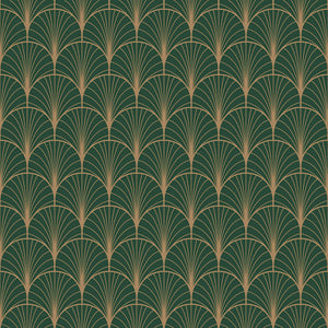 Manhattan Nights Art Deco geometric wallpaper with metallic gold fan motif on emerald green background.