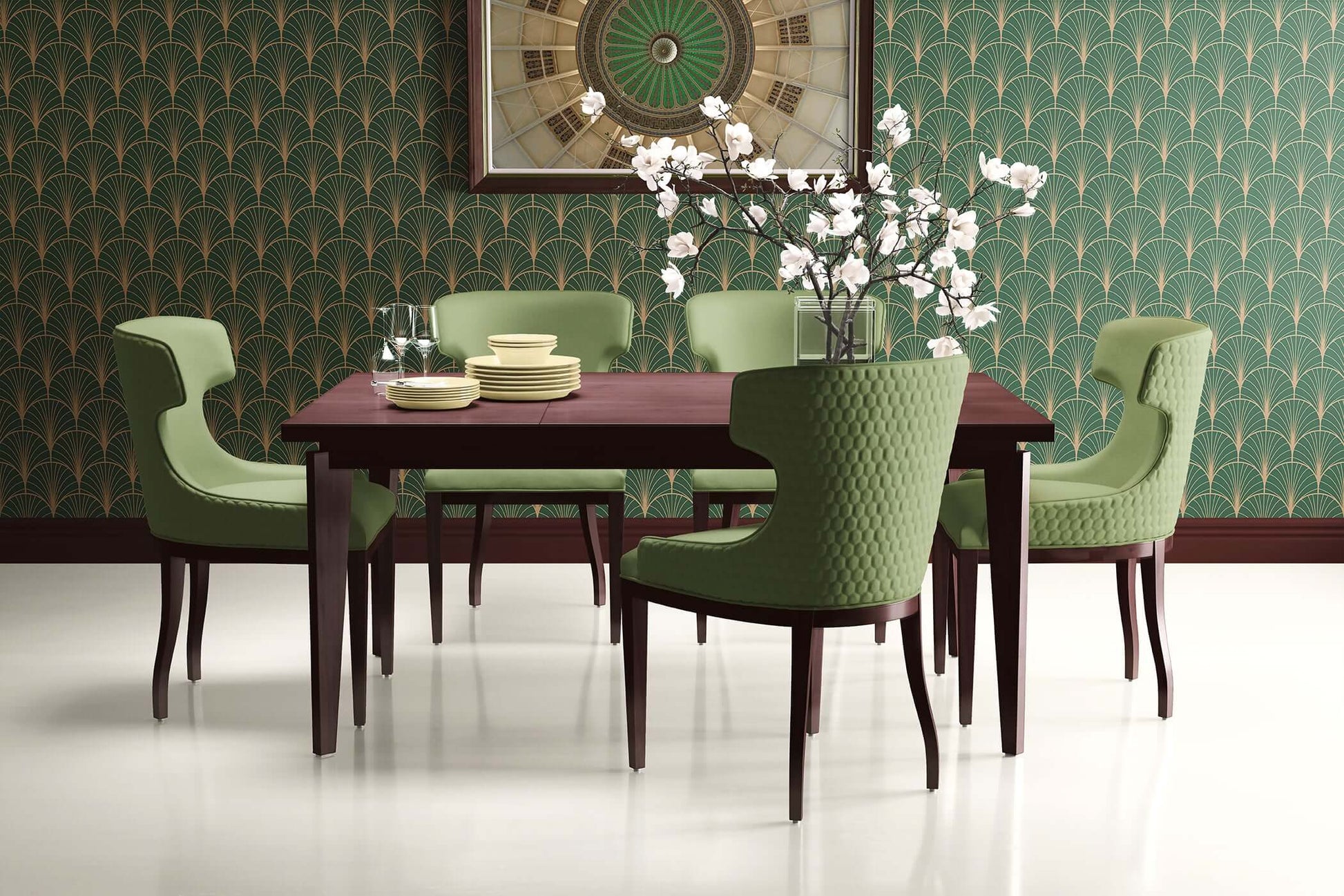 Art Deco dining room with Manhattan Nights geometric wallpaper in emerald green and gold, featuring elegant chairs and table.