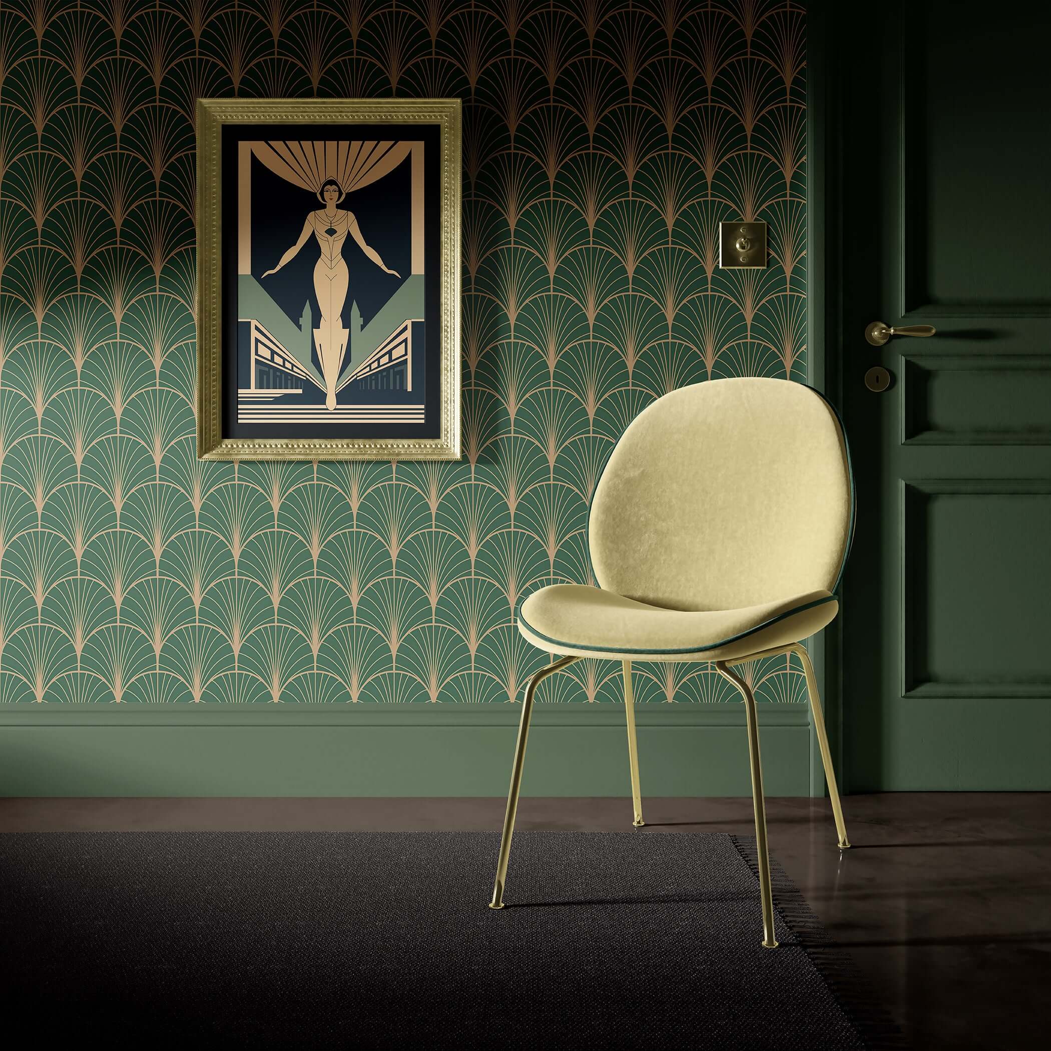 Art Deco geometric wallpaper in gold and emerald green with framed artwork and a beige chair in a sophisticated interior setting.