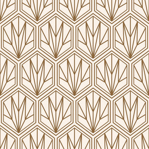 Art Deco geometric wallpaper with bronze hexagonal pattern on cream background, perfect for adding 1920s elegance to any space.