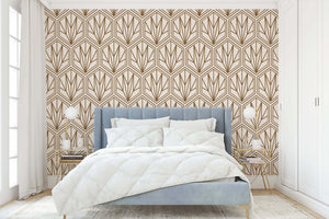 Art Deco bronzed geometric wallpaper in a stylish bedroom setting, showcasing a 1920s-inspired design with hexagonal patterns.