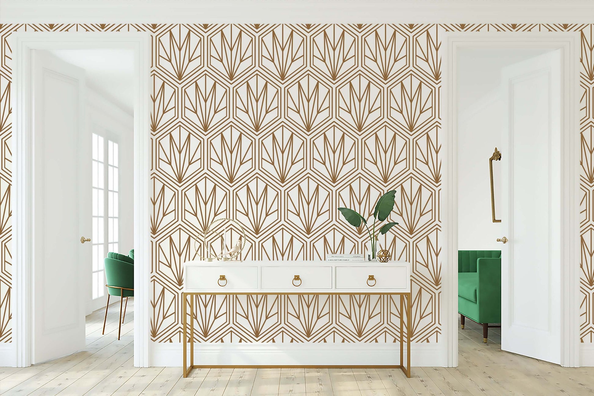 Art Deco geometric wallpaper with bronze hexagonal patterns on cream background in elegant modern room.