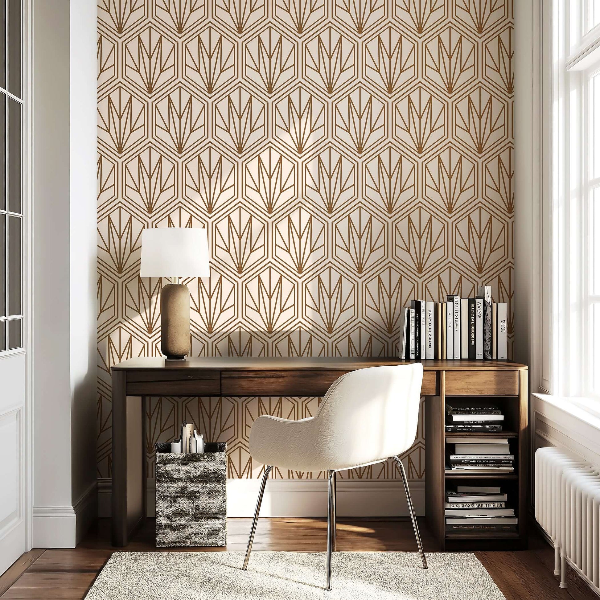 Art Deco wallpaper with bronze geometric hexagonal pattern on cream background, enhancing an elegant office space.