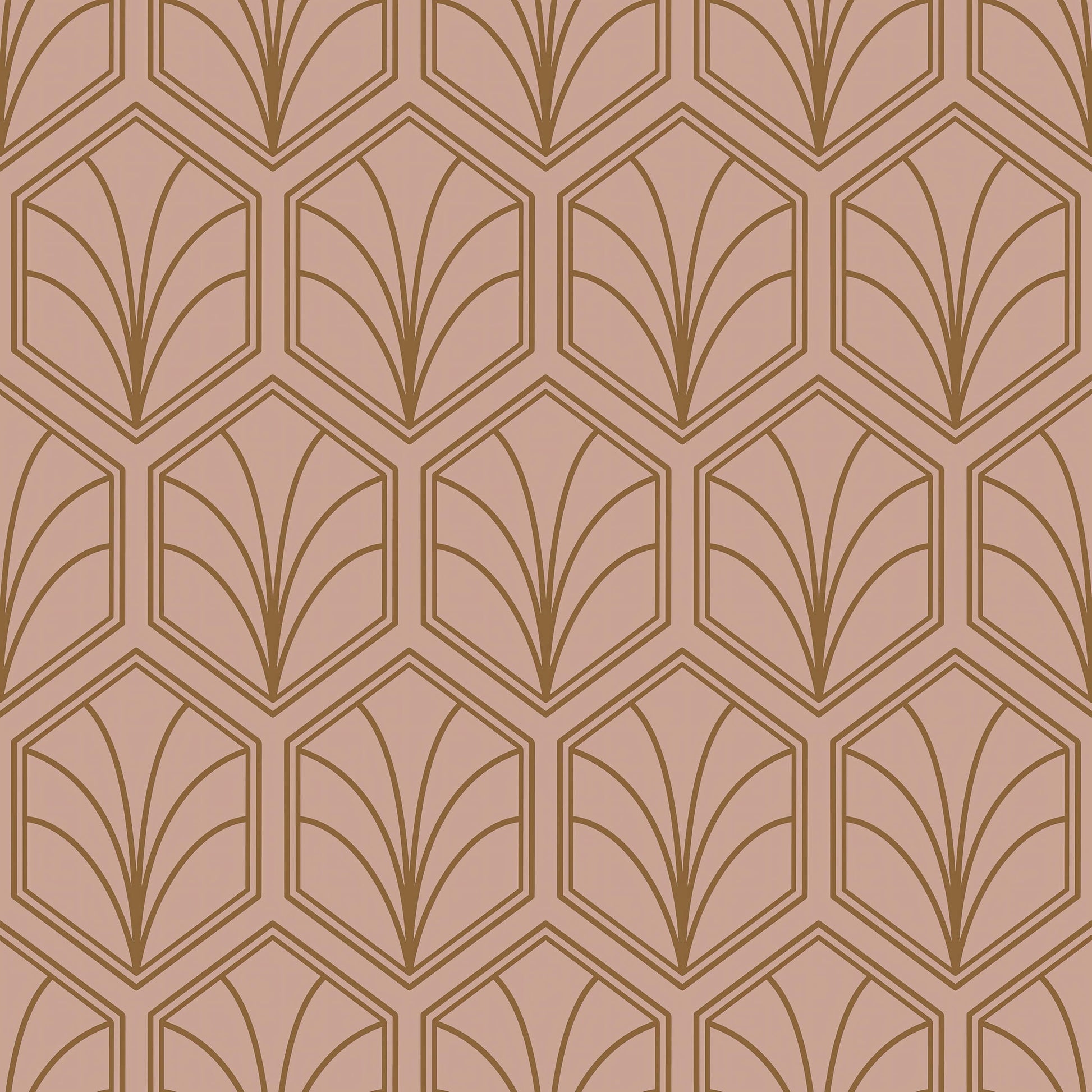 Geometric Art Deco wallpaper with bronze fan design on champagne-pink background, perfect for stylish living spaces. Keywords: art deco, geometric