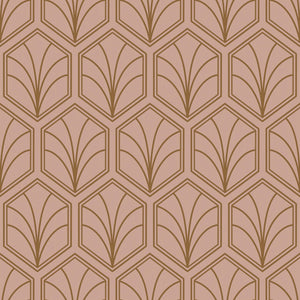 Geometric Art Deco wallpaper with bronze fan design on champagne-pink background, perfect for stylish living spaces. Keywords: art deco, geometric