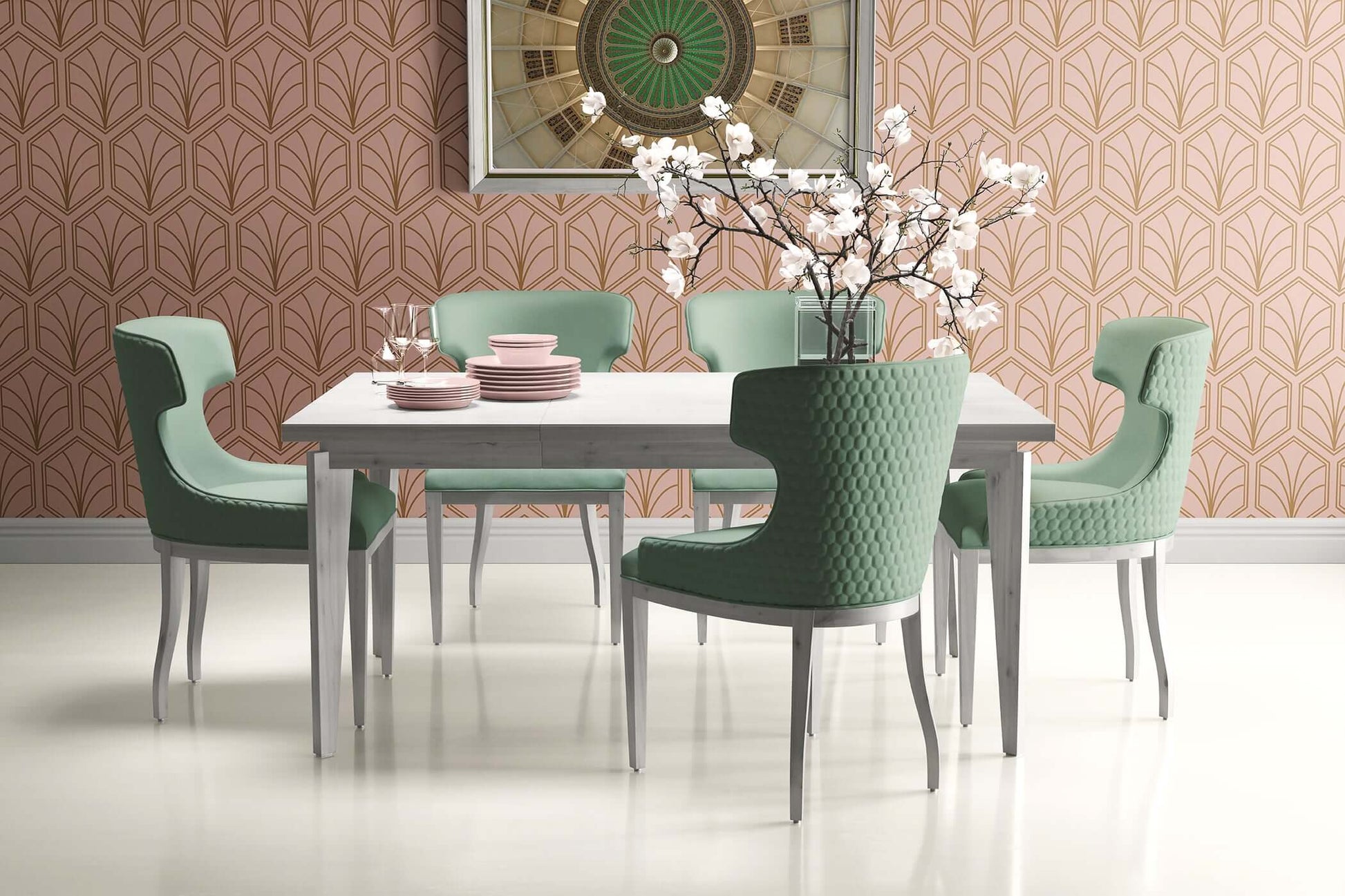Art Deco style dining room featuring Champagne Deco geometric wallpaper with a fan design, enhancing elegance with vintage charm.