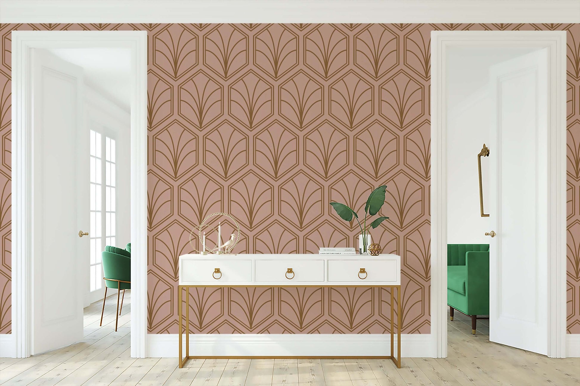 Art Deco geometric wallpaper in champagne-pink with bronze fan design, perfect for elegant living or dining room decor.