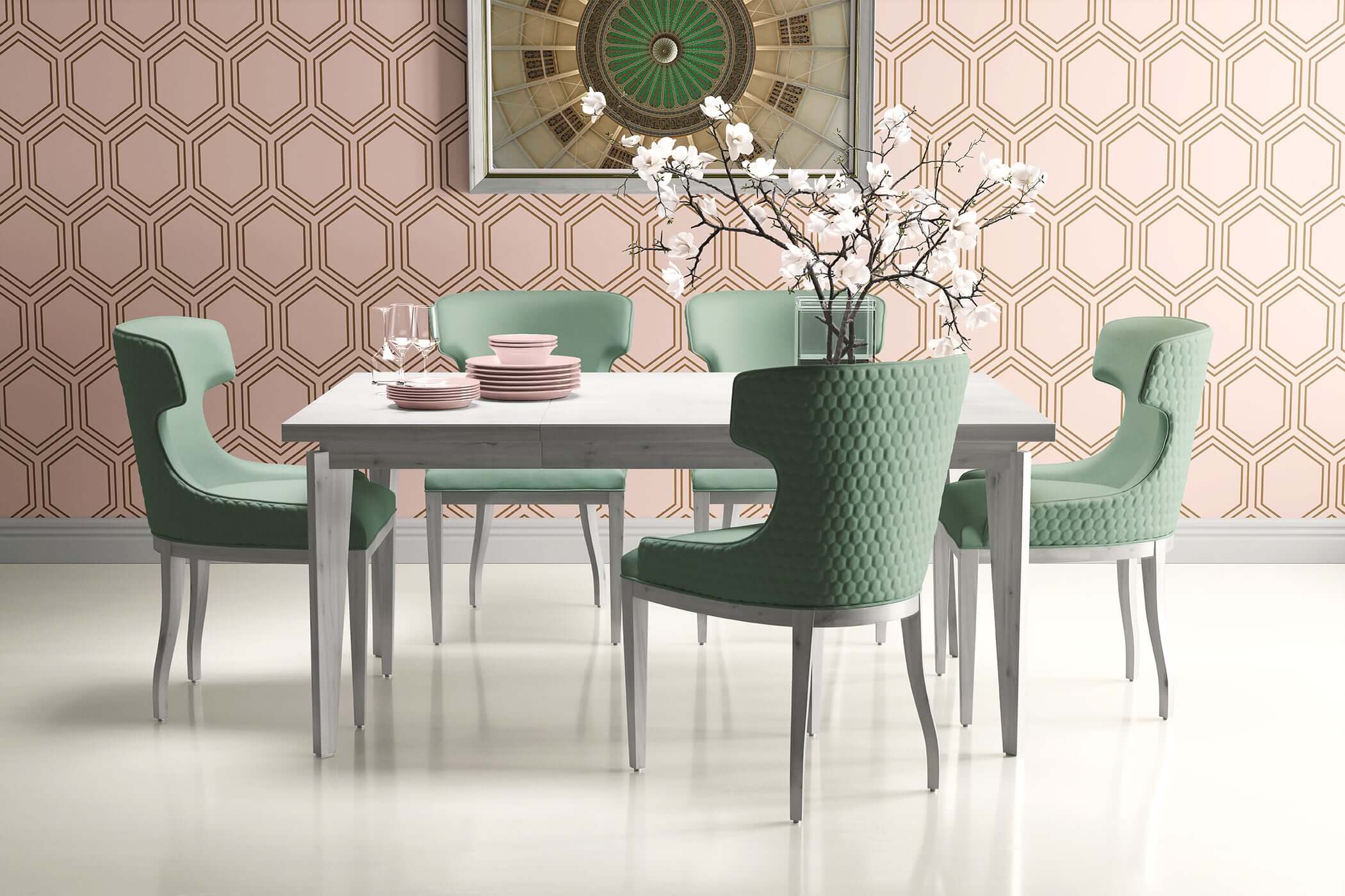 Dining room with Art Deco honeycomb luxe wallpaper, geometric design in bronze and blush, modern furniture with green chairs.