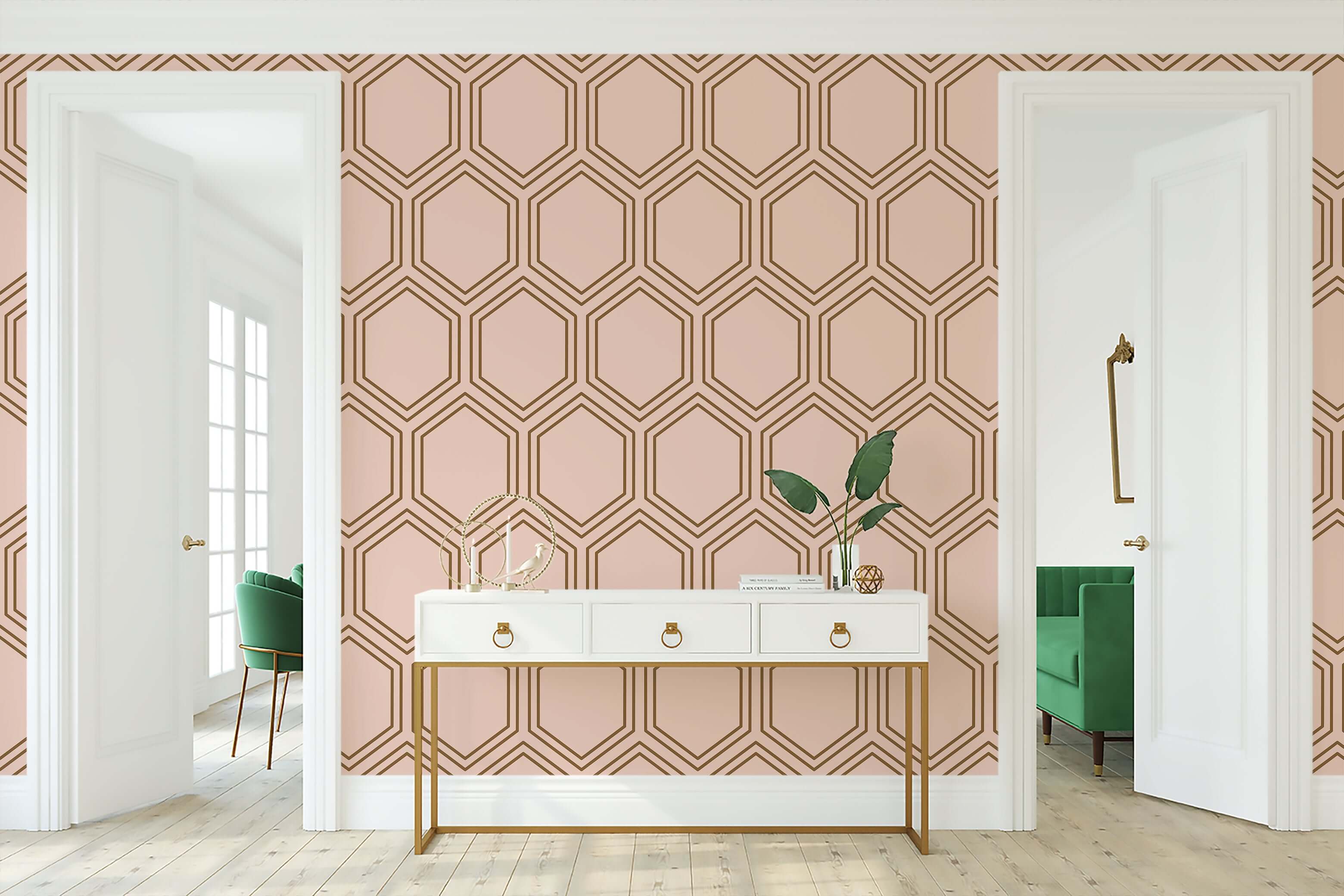 Room with Honeycomb Luxe wallpaper in bronze and blush, featuring Art Deco geometric design, modern decor, and green accents.