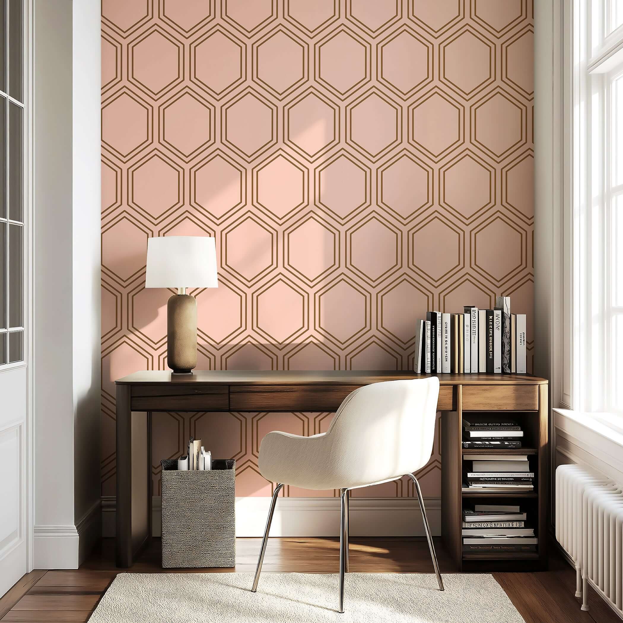 Art Deco-inspired geometric modern wallpaper with bronze honeycomb design on blush, enhancing an elegant office space.