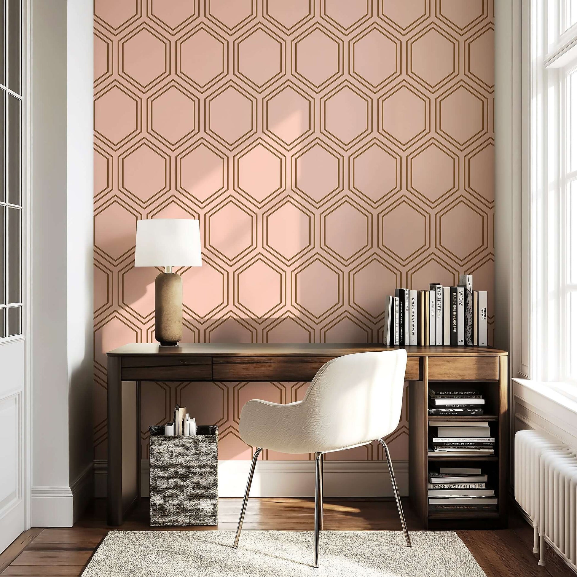 Art Deco-inspired geometric modern wallpaper with bronze honeycomb design on blush, enhancing an elegant office space.